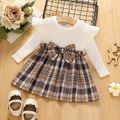 Baby Girl Solid Rib Knit Ruffle Long-sleeve Spliced Plaid Bow Front Dress Beige image 1