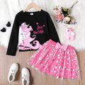 2pcs Kid Girl Unicorn Print Tee and 3d Bowknot Design Heart Glitter Mesh Skirt Set Pink image 1