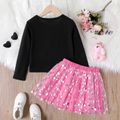 2pcs Kid Girl Unicorn Print Tee and 3d Bowknot Design Heart Glitter Mesh Skirt Set Pink image 2