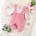 2pcs Baby Girl Long-sleeve Ruffle Trim Bow Front Floral Print Textured Spliced Jumpsuit & Headband Set Pink image 2