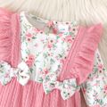 2pcs Baby Girl Long-sleeve Ruffle Trim Bow Front Floral Print Textured Spliced Jumpsuit & Headband Set Pink image 3