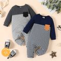 Baby Boy 100% Cotton Striped Spliced Solid Long-sleeve Jumpsuit with Pocket flowergrey image 3