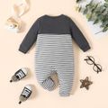 Baby Boy 100% Cotton Striped Spliced Solid Long-sleeve Jumpsuit with Pocket flowergrey image 2