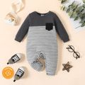 Baby Boy 100% Cotton Striped Spliced Solid Long-sleeve Jumpsuit with Pocket flowergrey image 1