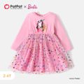 Barbie Toddler Girl Heart Glitter Mesh Splice Long-sleeve Cotton Dress Pink image 1