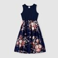 Family Matching Sleeveless Floral Print Spliced Midi Dresses and Short-sleeve Striped T-shirts Sets Blue image 3