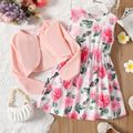 2pcs Kid Girl Floral Print Sleeveless Dress and Bowknot Design Cardigan Set Pink image 1