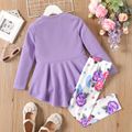 2pcs Kid Girl 3D Bowknot Design High Low Tee and Floral Print Leggings Set Purple image 5