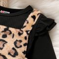 2pcs Baby Girl Leopard Fuzzy Spliced Ribbed Ruffle Long-sleeve Faux-two Romper with Headband Set Black image 5