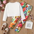 2pcs Kid Girl Butterfly Print Tie Knot Tee and Floral Print Leggings Set White image 2