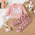 2pcs Baby Girl Animal Embroidered Long-sleeve Fuzzy Sweatshirt and Leopard Pants Set Pink image 1