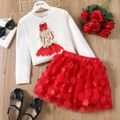 2pcs Kid Girl Christmas Figure Print Tee and 3D Floral Design Red Mesh Skirt Set Red image 1