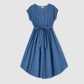 Family Matching Blue Cap-sleeve Belted Midi Dresses and Short-sleeve Striped Spliced T-shirts Sets Blue image 2