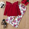 2pcs Kid Girl Ruffled Velvet Tee and Floral Print Flared Pants Set Multi-color image 1