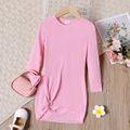 Kid Girl Butterfly Print/ Ribbed Twist Knot Long-sleeve Dress Pink image 1