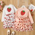 Kid Girl Strawberry Embroidered Sequined Mock Neck Mesh Splice Long-sleeve Dress Pink image 3