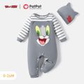 Tom and Jerry 2pcs Baby Boy/Girl Striped Long-sleeve Graphic Jumpsuit with Hat Set Grey image 1