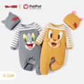 Tom and Jerry 2pcs Baby Boy/Girl Striped Long-sleeve Graphic Jumpsuit with Hat Set Grey image 2
