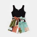 Mommy and Me Solid Ribbed Spliced Geo Print Belted Tank Romper Multi-color image 3