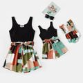 Mommy and Me Solid Ribbed Spliced Geo Print Belted Tank Romper Multi-color image 1