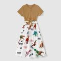 Family Matching Cotton Short-sleeve Button Front Colorblock T-shirts and Dinosaur & Letter Print Spliced Dresses Sets ColorBlock image 2