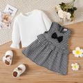 2pcs Baby Girl Solid Long Tee and Bow Front Ruffle Trim Gingham Tank Dress Set BlackandWhite image 3