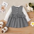 2pcs Baby Girl Solid Long Tee and Bow Front Ruffle Trim Gingham Tank Dress Set BlackandWhite image 2