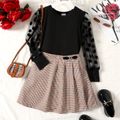 2pcs Kid Girl Polka dots Mesh Sleeve Tee and Plaid Pleated Skirt Set Black image 1
