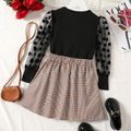 2pcs Kid Girl Polka dots Mesh Sleeve Tee and Plaid Pleated Skirt Set Black image 2