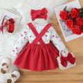 3pcs Baby Girl Allover Floral Print Ruffle Collar Long-sleeve Romper and Red Corduroy Bow Front Suspender Skirt with Headband Set Red image 2
