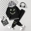 2pcs Kid Boy Face Graphic Print Reflctive Plaid Splice Hoodie Sweatshirt and Pants Set Black image 2
