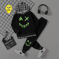 2pcs Kid Boy Face Graphic Print Reflctive Plaid Splice Hoodie Sweatshirt and Pants Set Black image 1