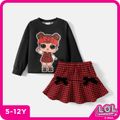 L.O.L. SURPRISE! 2pcs Kid Girl Character Print Black Sweatshirt and Bowknot Design Houndstooth Skirt Set Black image 1