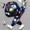 2pcs Kid Boy Soccer Print Pullover Sweatshirt and Elasticized Pants Set Black image 1