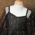 Kid Girl Stars Glitter Sweetheart Collar Mesh Long-sleeve Evening Parrty Dress Black image 3