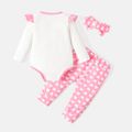 Looney Tunes 3pcs Baby Girl 95% Cotton Ruffle Long-sleeve Graphic Romper and Allover Heart Print Pants with Headband Set Pink image 3