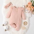 2pcs Baby Girl Pink Textured Ruffle Long-sleeve Jumpsuit & Headband Set Pink image 1