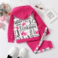 2pcs Kid Girl Letter Crown Print Colorblock Raglan Sleeve Hoodie Sweatshirt and Elasticized Pants Set Pink image 2