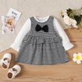 2pcs Baby Girl Solid Long Tee and Bow Front Ruffle Trim Gingham Tank Dress Set BlackandWhite image 1