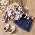 3pcs Toddler Girl Trendy Ripped Denim Skirt & Belt and Floral Print Off Shoulder Blouse Set White image 1