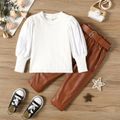 Toddler 2pcs Ribbed Solid Puff-sleeve Top and Leather Pants with Belt Set White image 2