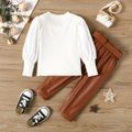 Toddler 2pcs Ribbed Solid Puff-sleeve Top and Leather Pants with Belt Set White image 3