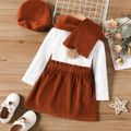4pcs Toddler Girl Preppy style Beret Cap and Scarf & Mock Neck Tee and Corduroy Skirt Set White image 2