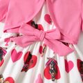 Barbie Toddler Girl 2pcs Mother's Day Heart Print Belted Sleeveless Dress and Cotton Cardigan Set PinkyWhite image 3