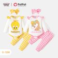 Looney Tunes 3pcs Baby Girl 95% Cotton Ruffle Long-sleeve Graphic Romper and Allover Heart Print Pants with Headband Set Pink image 2