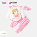 Looney Tunes 3pcs Baby Girl 95% Cotton Ruffle Long-sleeve Graphic Romper and Allover Heart Print Pants with Headband Set Pink image 1