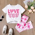 2pcs Kid Girl Valentine's Day Letter Heart Print Twist Knot Tee and Flared Pants Set White image 1