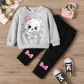 2pcs Toddler Girl Playful Cat Kitty Print Sweatshirt and Bows Print Pants Set Grey image 1