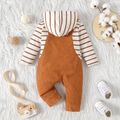 Baby Boy/Girl Striped Hooded Long-sleeve Spliced Elephant Embroidered Corduroy Zipper Jumpsuit Brown image 2