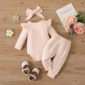 3pcs Baby Girl Letter Print Ruffle Trim Long-sleeve Romper and Bow Front Pants & Headband Set Apricot image 2